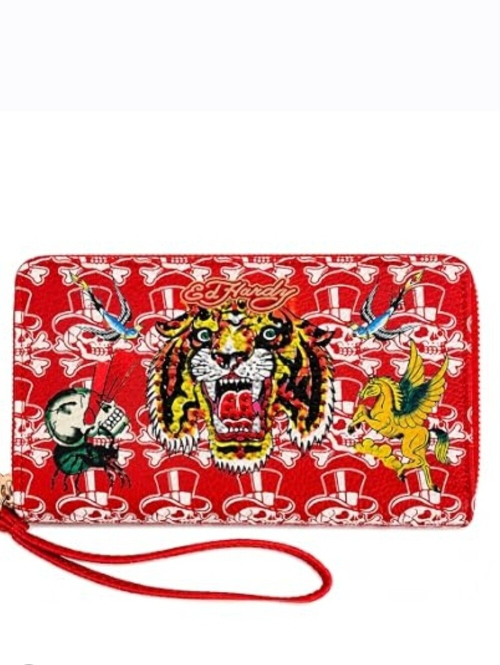ED HARDY NWT Red Tattoo-Print Double Zip Large Wristlet